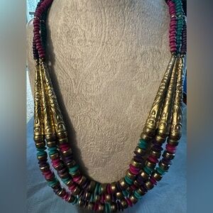 Handmade Multicolor Beaded Statement Necklace with Brass Accents